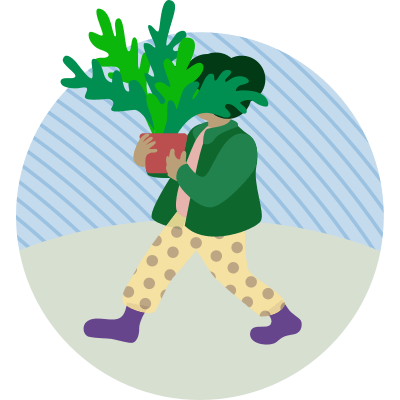 Person som bär på en växt i samband med flytt. Illustration.