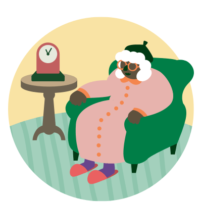 Äldre dam som tar det lugnt i en fåtölj. Illustration.